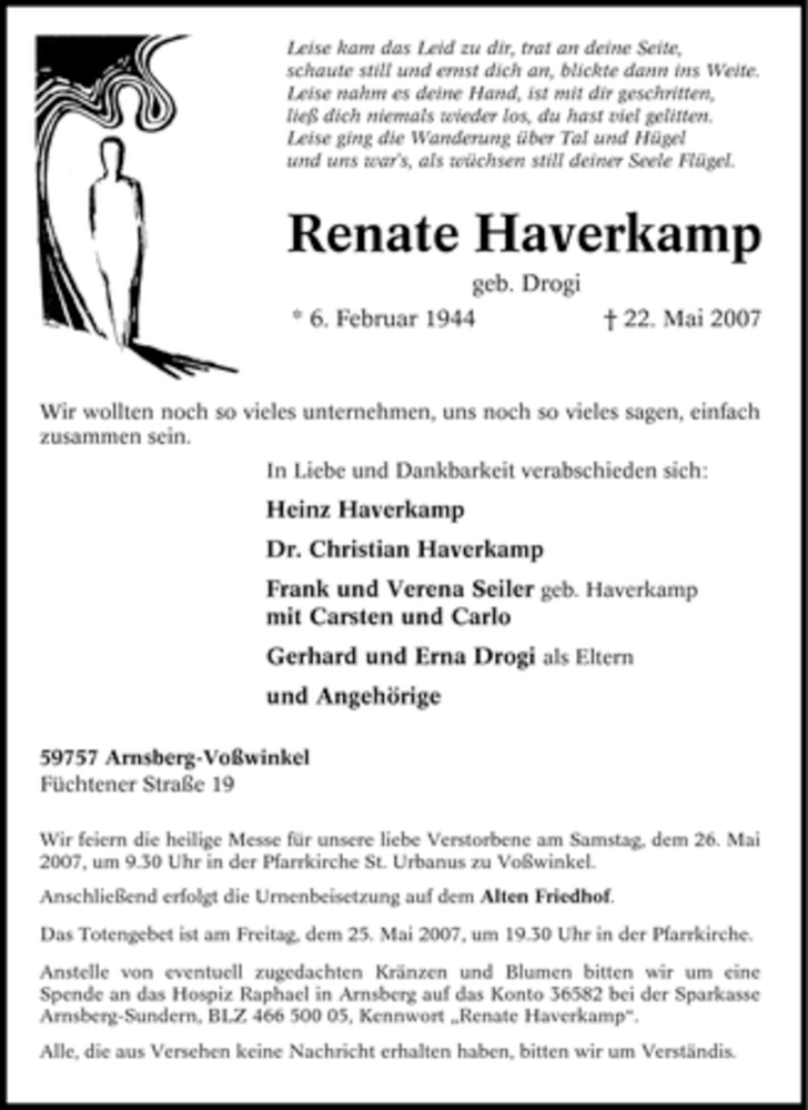  Traueranzeige für Renate Haverkamp vom 24.05.2007 aus Tageszeitung