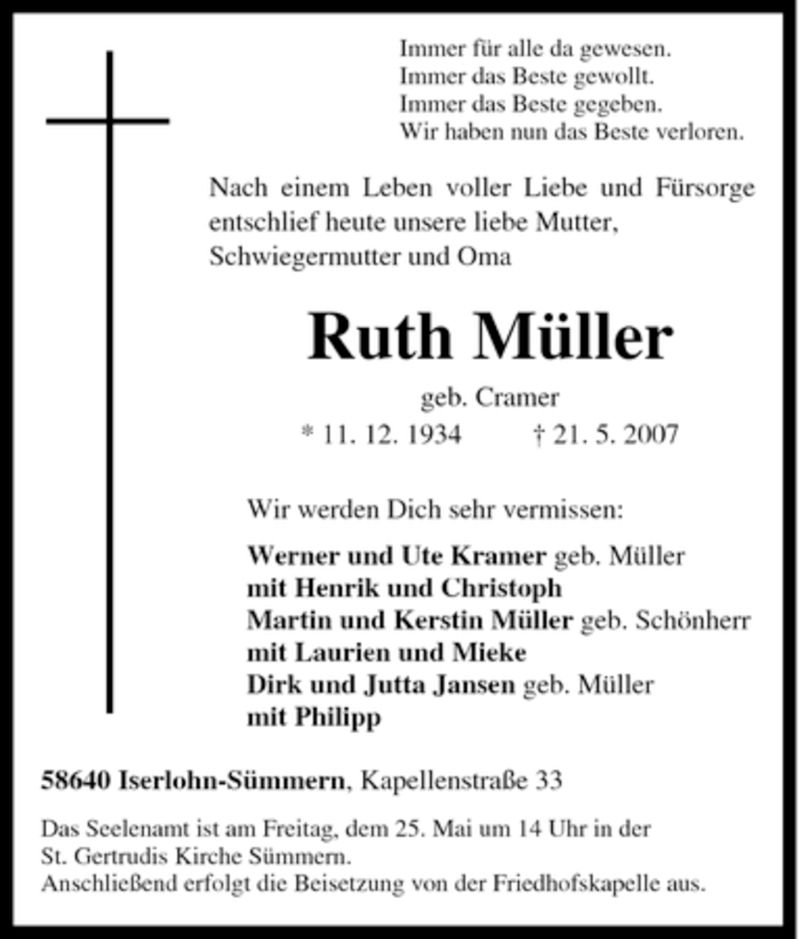  Traueranzeige für Ruth Müller vom 24.05.2007 aus Tageszeitung