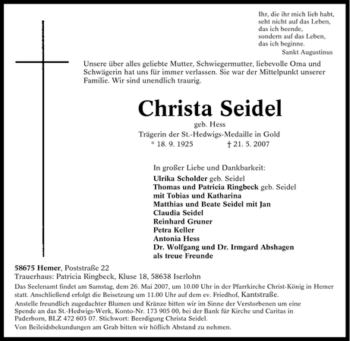 Traueranzeige von Christa Seidel von Tageszeitung