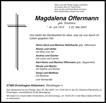 Traueranzeige von Magdalena Offermann von Tageszeitung