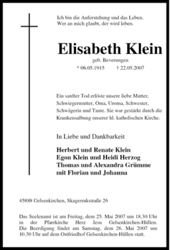 Traueranzeige von Elisabeth Klein von Tageszeitung