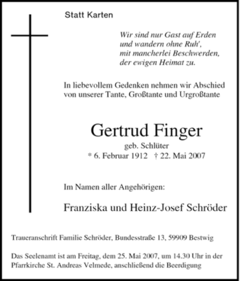 Traueranzeige von Gertrud Finger von Tageszeitung