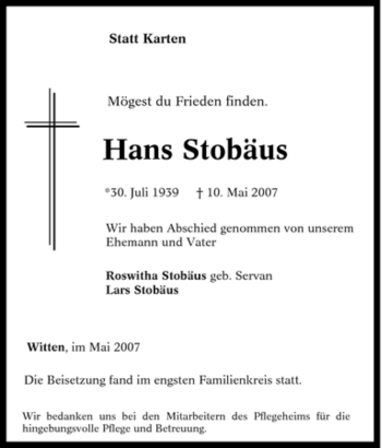 Traueranzeige von Hans Stobäus von Tageszeitung