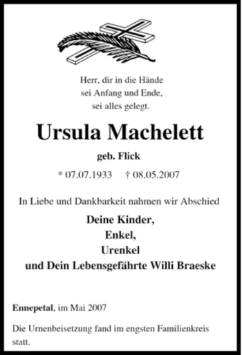 Traueranzeige von Ursula Machelett von Tageszeitung