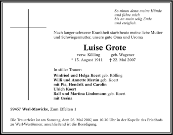 Traueranzeige von Luise Grote von Tageszeitung