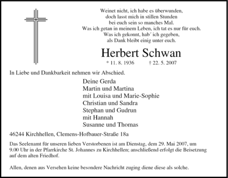  Traueranzeige für Herbert Schwan vom 24.05.2007 aus Tageszeitung