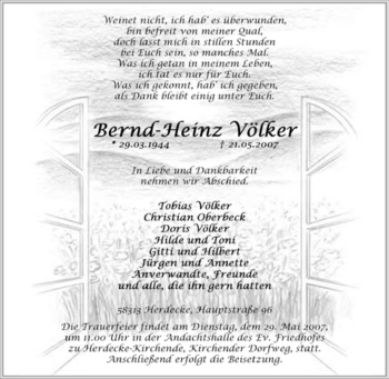 Traueranzeige von Bernd-Heinz Völker von Tageszeitung