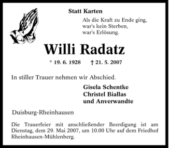 Traueranzeige von Willi Radatz von Tageszeitung