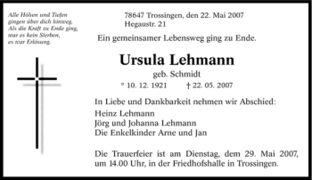 Traueranzeige von Ursula Lehmann von Tageszeitung