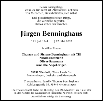 Traueranzeige von Jürgen Benninghaus von Tageszeitung
