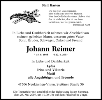 Traueranzeige von Johann Reimer von Tageszeitung