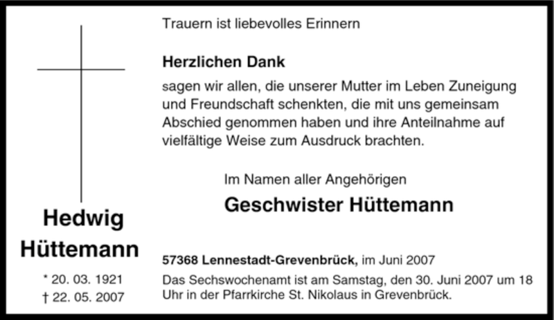  Traueranzeige für Hedwig Hüttemann vom 24.05.2007 aus Tageszeitung