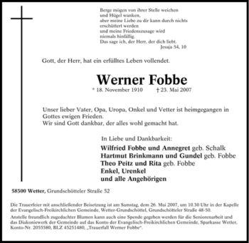 Traueranzeige von Werner Fobbe von Tageszeitung