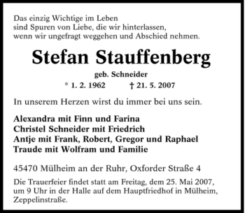 Traueranzeige von Stefan Stauffenberg von Tageszeitung