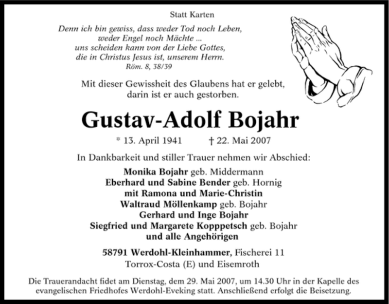  Traueranzeige für Gustav-Adolf Bojahr vom 24.05.2007 aus Tageszeitung