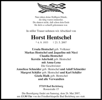 Traueranzeige von Horst Hentschel von Tageszeitung