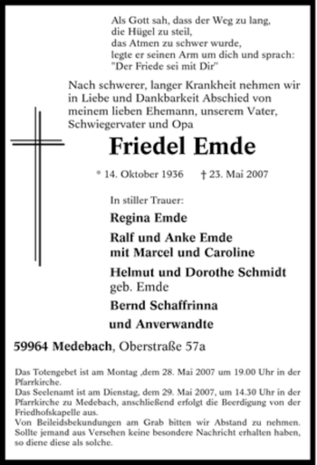 Traueranzeige von Friedel Emde von Tageszeitung