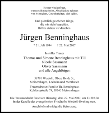 Traueranzeige von Jürgen Benninghaus von Tageszeitung