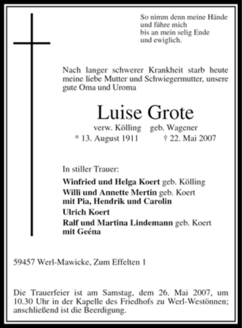 Traueranzeige von Luise Grote von Tageszeitung