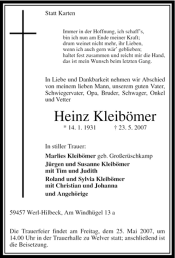 Traueranzeige von Heinz Kleibömer von Tageszeitung