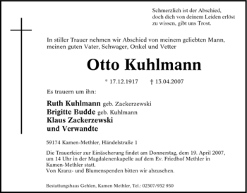 Traueranzeige von Otto Kuhlmann von Tageszeitung