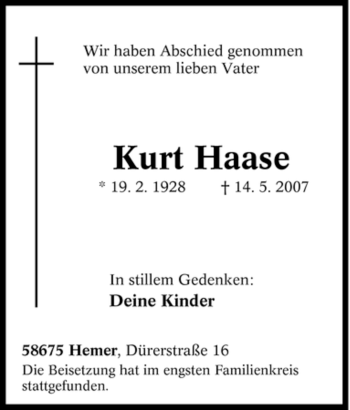 Traueranzeige von Kurt Haase von Tageszeitung