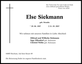 Traueranzeige von Else Siekmann von Tageszeitung