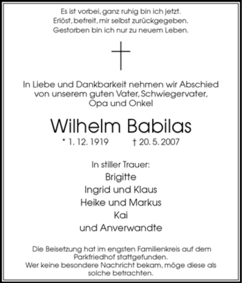 Traueranzeige von Wilhelm Babilas von Tageszeitung