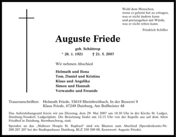 Traueranzeige von Auguste Friede von Tageszeitung