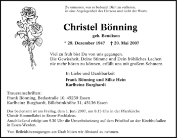 Traueranzeige von Christel Bönning von Tageszeitung
