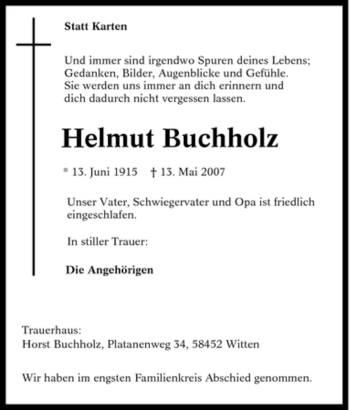 Traueranzeige von Helmut Buchholz von Tageszeitung