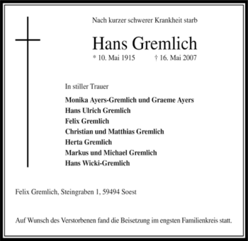 Traueranzeige von Hans Gremlich von Tageszeitung