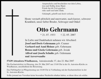 Traueranzeige von Otto Gehrmann von Tageszeitung