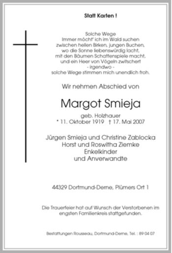 Traueranzeige von Margot Smieja von Tageszeitung