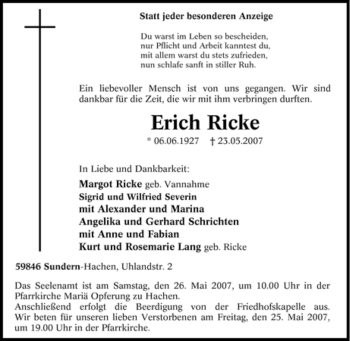 Traueranzeige von Erich Ricke von Tageszeitung