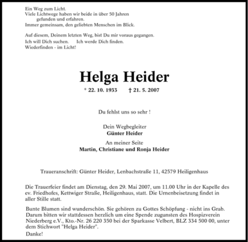  Traueranzeige für Helga Heider vom 25.05.2007 aus Tageszeitung
