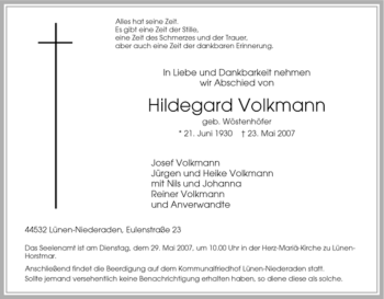 Traueranzeige von Hildegard Volkmann von Tageszeitung