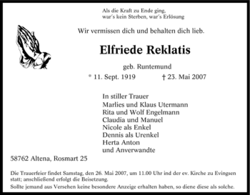 Traueranzeige von Elfriede Reklatis von Tageszeitung