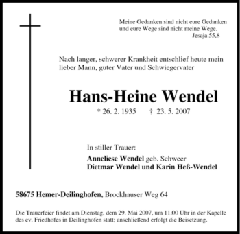 Traueranzeige von Hans-Heine Wendel von Tageszeitung