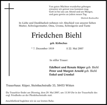 Traueranzeige von Friedchen Biehl von Tageszeitung