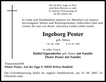 Traueranzeige von Ingeborg Pester von Tageszeitung