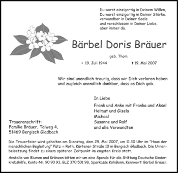 Traueranzeige von Bärbel Doris Bräuer von Tageszeitung