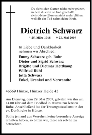 Traueranzeige von Dietrich Schwarz von Tageszeitung