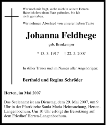 Traueranzeige von Johanna Feldhege von Tageszeitung