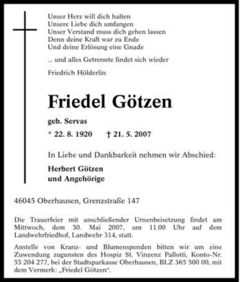 Traueranzeige von Friedel Götzen von Tageszeitung
