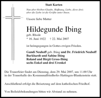 Traueranzeige von Hildegunde Ibing von Tageszeitung