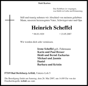 Traueranzeige von Heinrich Scheffel von Tageszeitung