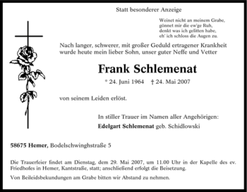 Traueranzeige von Frank Schlemenat von Tageszeitung