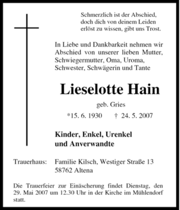 Traueranzeige von Lieselotte Hain von Tageszeitung