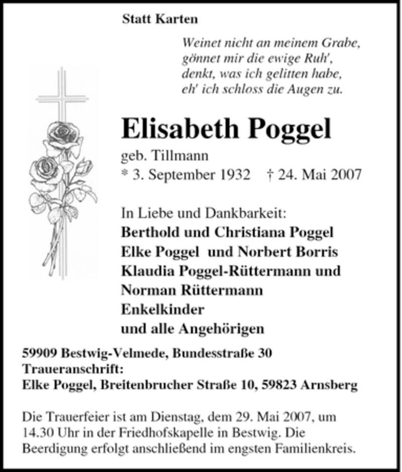  Traueranzeige für Elisabeth Poggel vom 25.05.2007 aus Tageszeitung